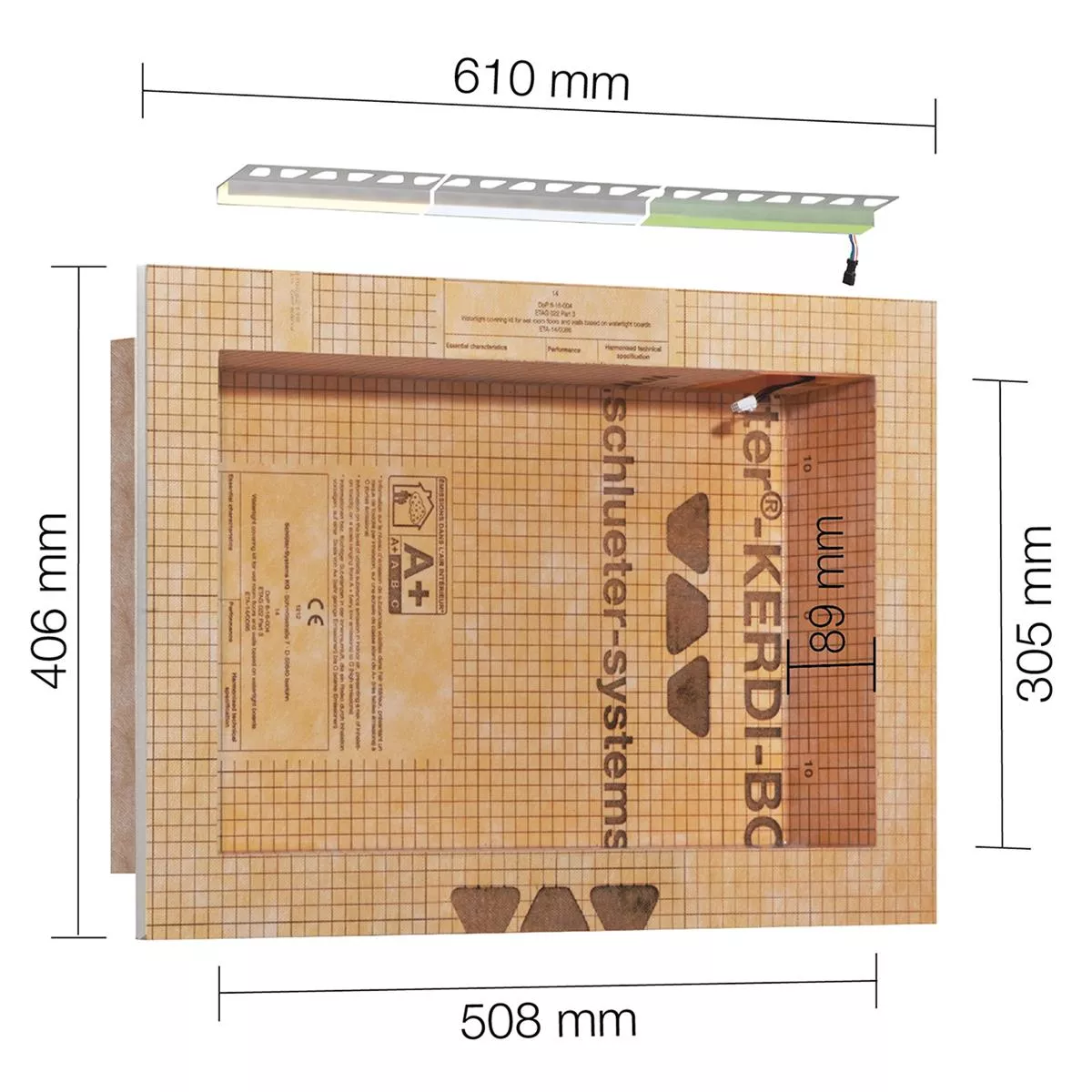 Schlüter Kerdi Board NLT niche-setti LED-valaistus lämmin valkoinen 50,8x30,5x0,89 cm